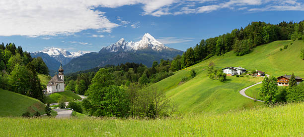 Maria Gern Church in Bavarian Alps on Mountain Panorama view